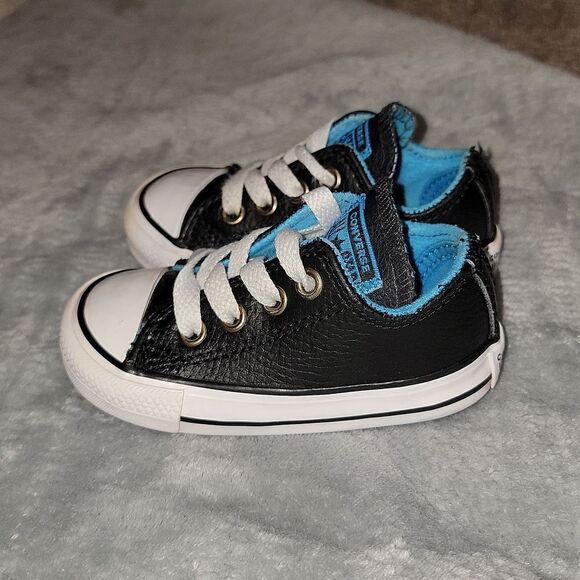 Converse All Stars Low Black Leather Blue Trim CTSA Shoes Baby Size 4 - Picture 1 of 12